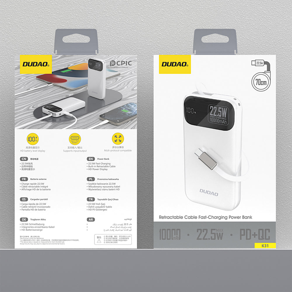 Dudao K31 10000 mAh 22.5W PD Powerbank med indbygget kabel - hvid