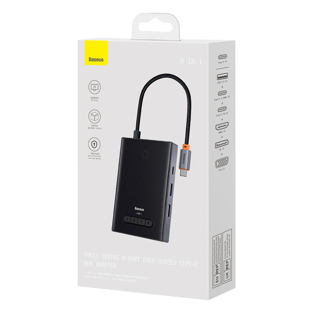 Baseus PioneerJoy 8-in-1 USB-C hub HDMI 4K@60Hz + HDMI 4K@30Hz + DisplayPort 8K@30Hz + VGA + 2 x USB-A 3.0 + 2 x USB-C - gray