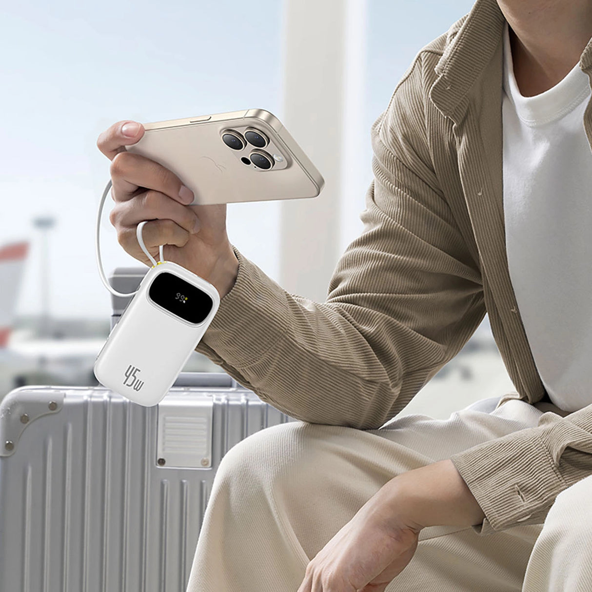 Baseus EnerFill FC31 20000mAh 45W Powerbank med digitalt display og 2 indbyggede kabler (USB-C + Lightning) - hvid