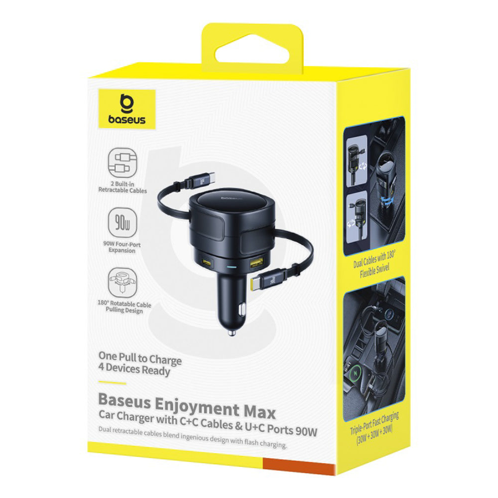 Baseus Enjoyment Max 90W Biloplader 2 x USB-C + USB-A + USB-C Kabel - Sort