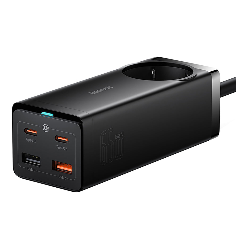 Baseus GaN3 Pro 65W EU-opladningsstation + 2 x USB-C + 2 x USB-A med Baseus Xiaobai USB-C 100W 1m kabel - sort