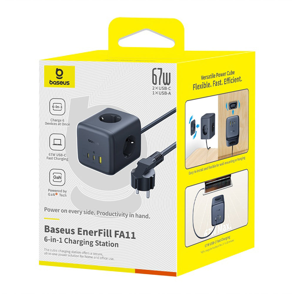 Baseus EnerFill FA11 67W Power Strip, USB-A + USB-C Cube + 3 x EU Socket 1.5m - Black