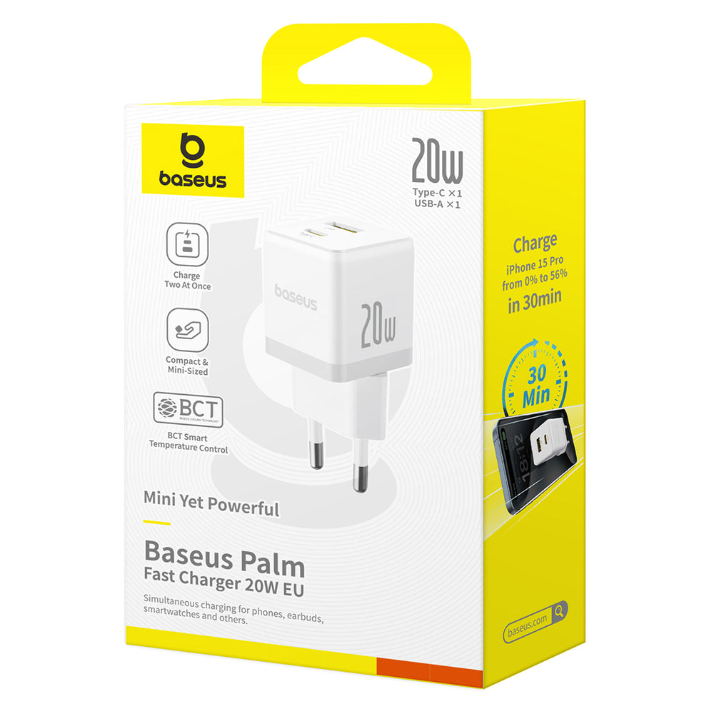 Baseus Palm 20W USB-C USB-A Wall Charger - hvid