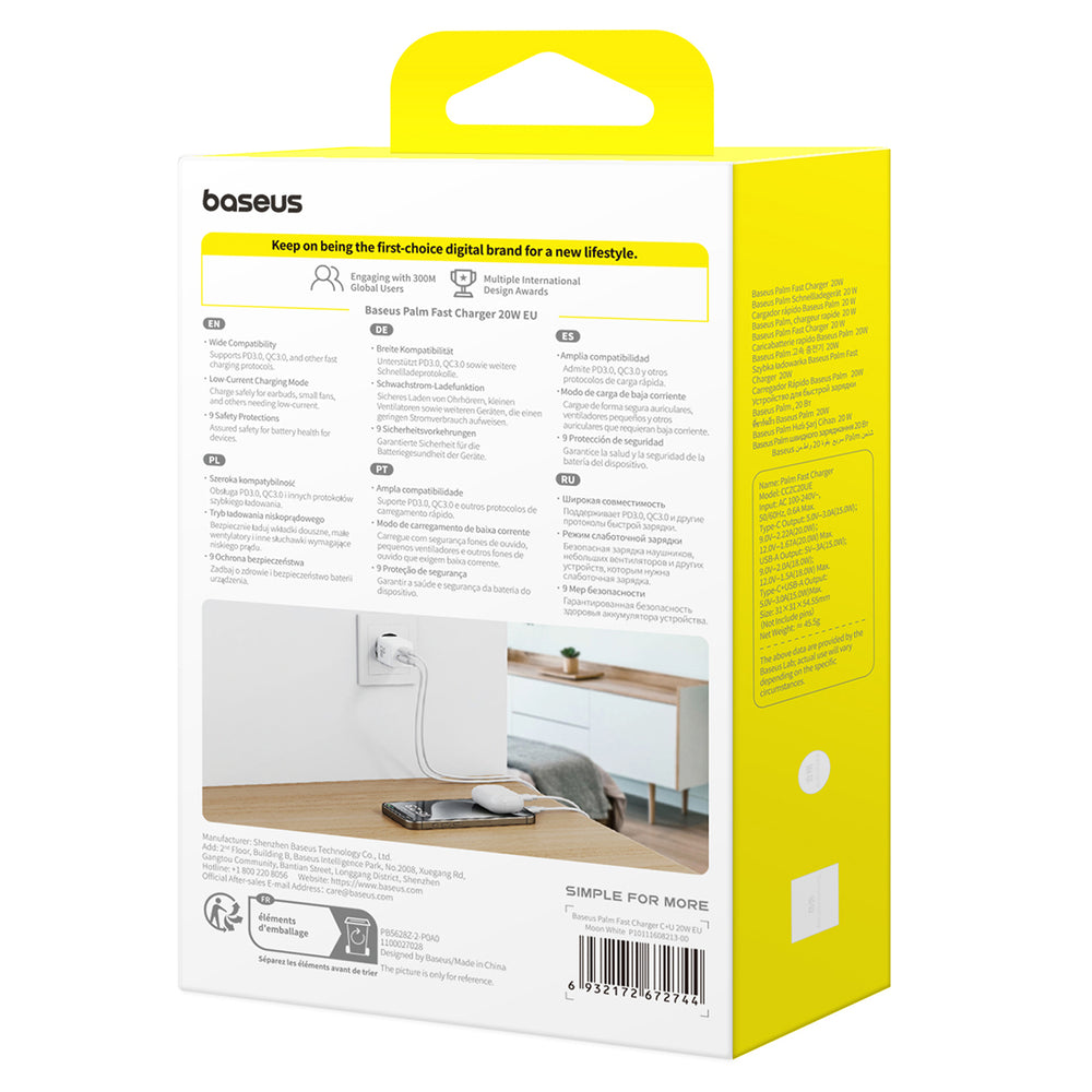 Baseus Palm 20W USB-C USB-A Wall Charger - hvid