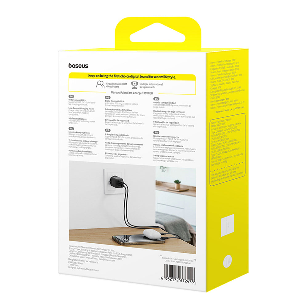 Baseus Palm 30W USB-C USB-A Wall Charger - sort