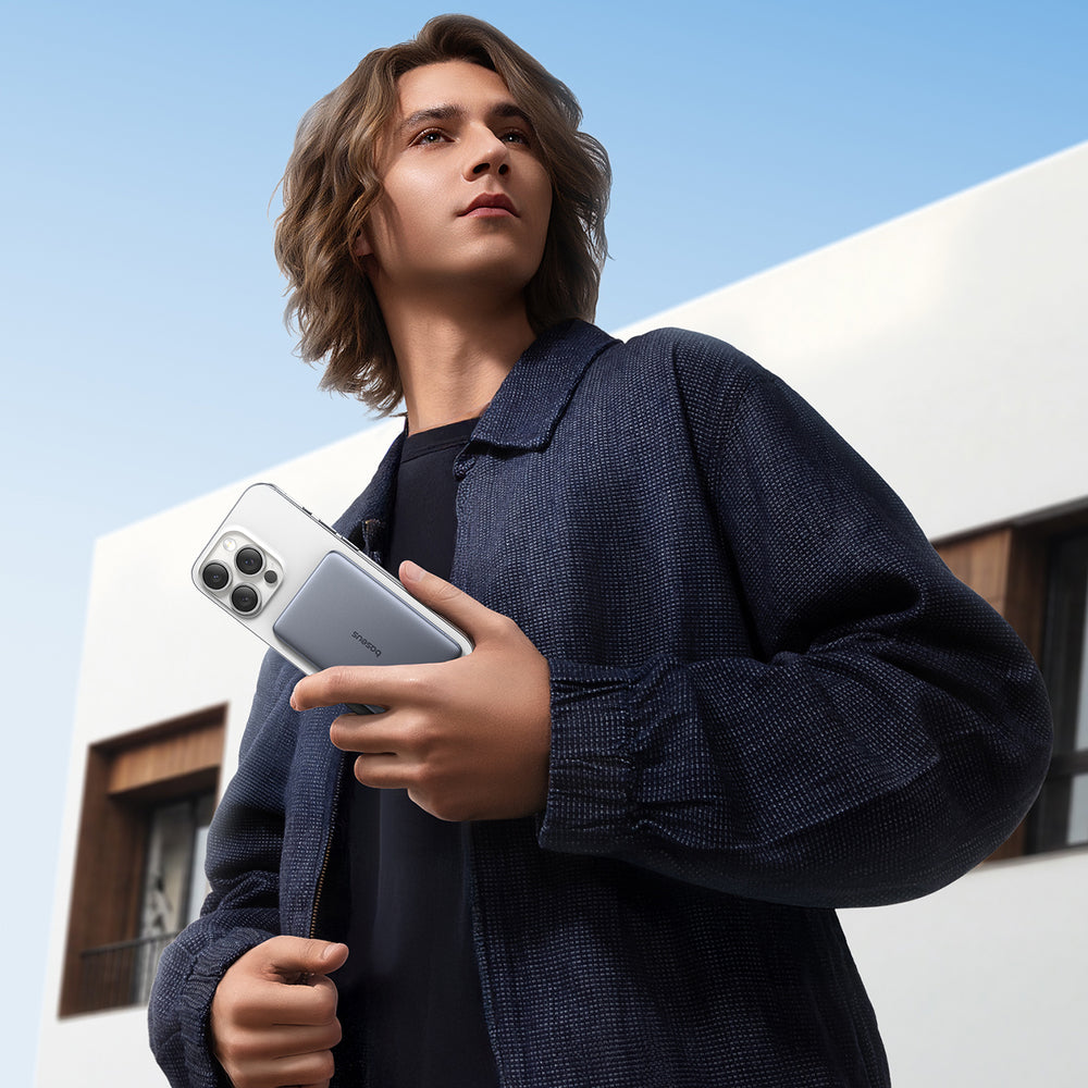 Baseus PicoGo AM41 5000mAh 20W Ultra-Thin MagSafe Kompatibel Power Bank med sort Baseus Simple USB-C 60W 30cm Kabel - Grå