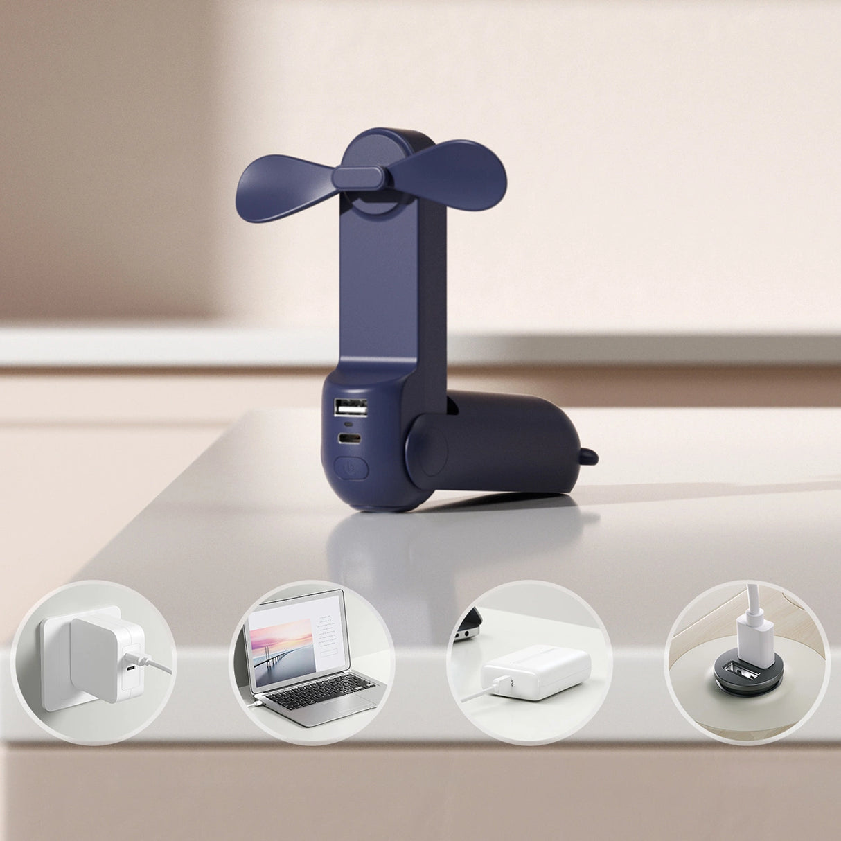 Jisulife håndholdt ventilator Life8 Mini bærbar USB-ventilator med Power Bank-funktion 2000mAh og lommelygte - blå