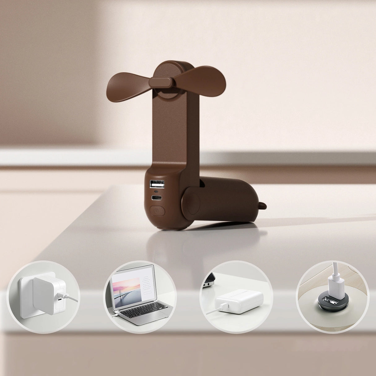 Jisulife håndholdt ventilator Life8 Plus Portable USB-ventilator med Power Bank-funktion 4500mAh og lommelygte - Brunt