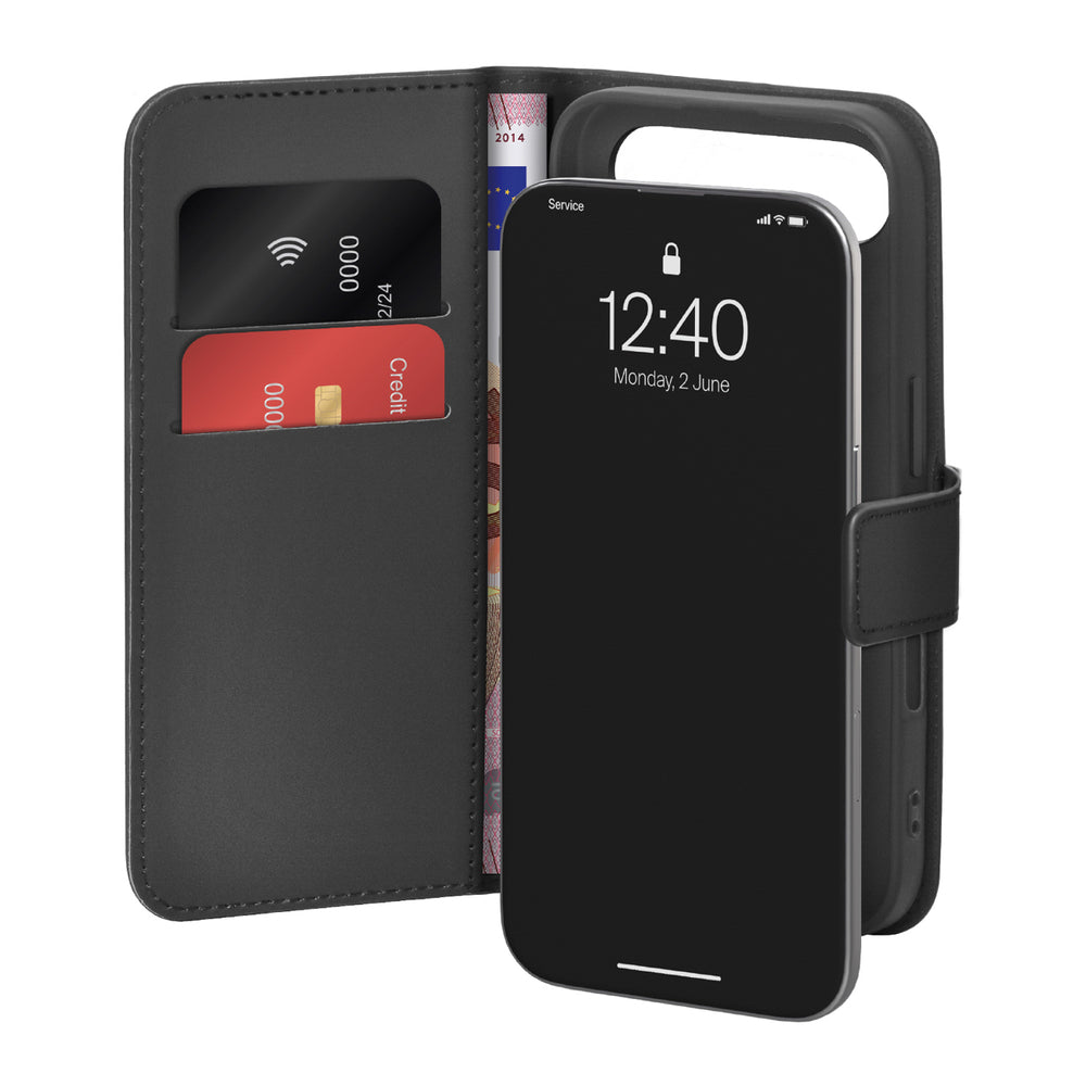 Puro Wallet Stand Case til iPhone 17 Air fremstillet af miljøvenligt læder, med flap, tegnebog og standfunktion - sort