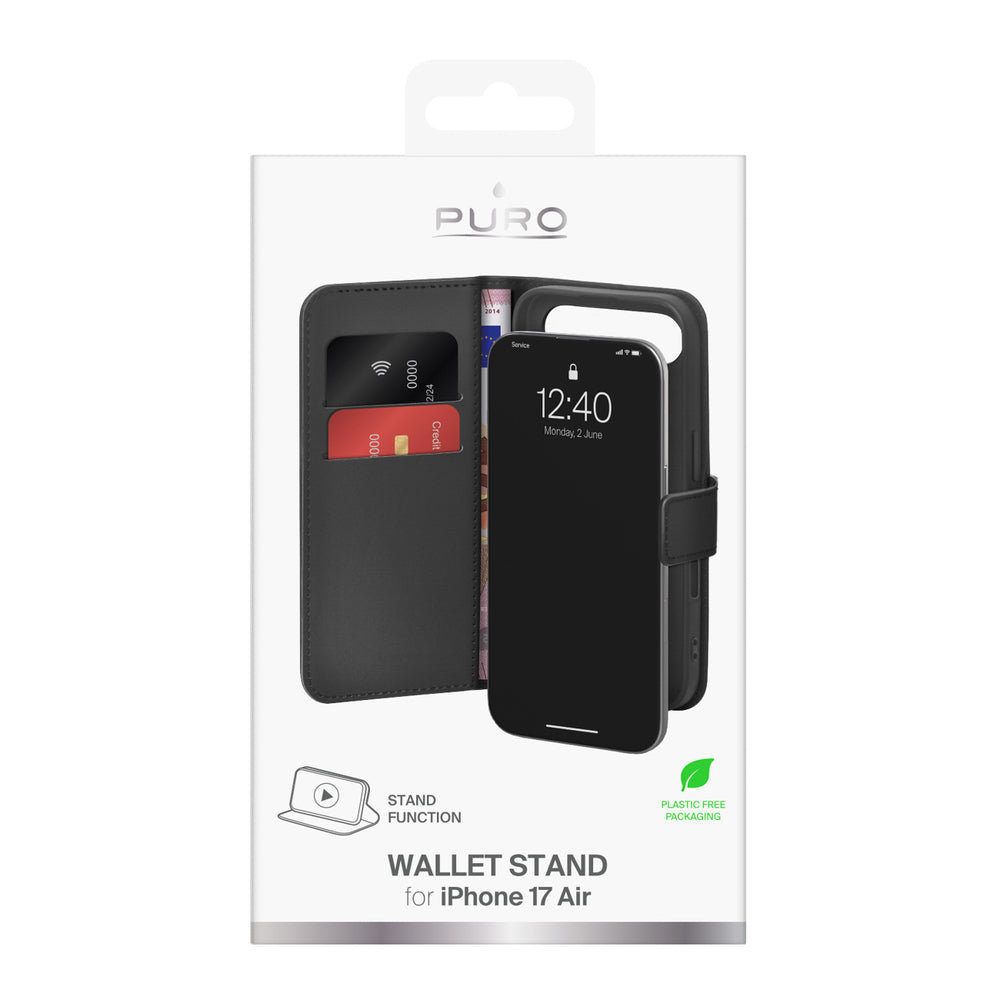 Puro Wallet Stand Case til iPhone 17 Air fremstillet af miljøvenligt læder, med flap, tegnebog og standfunktion - sort