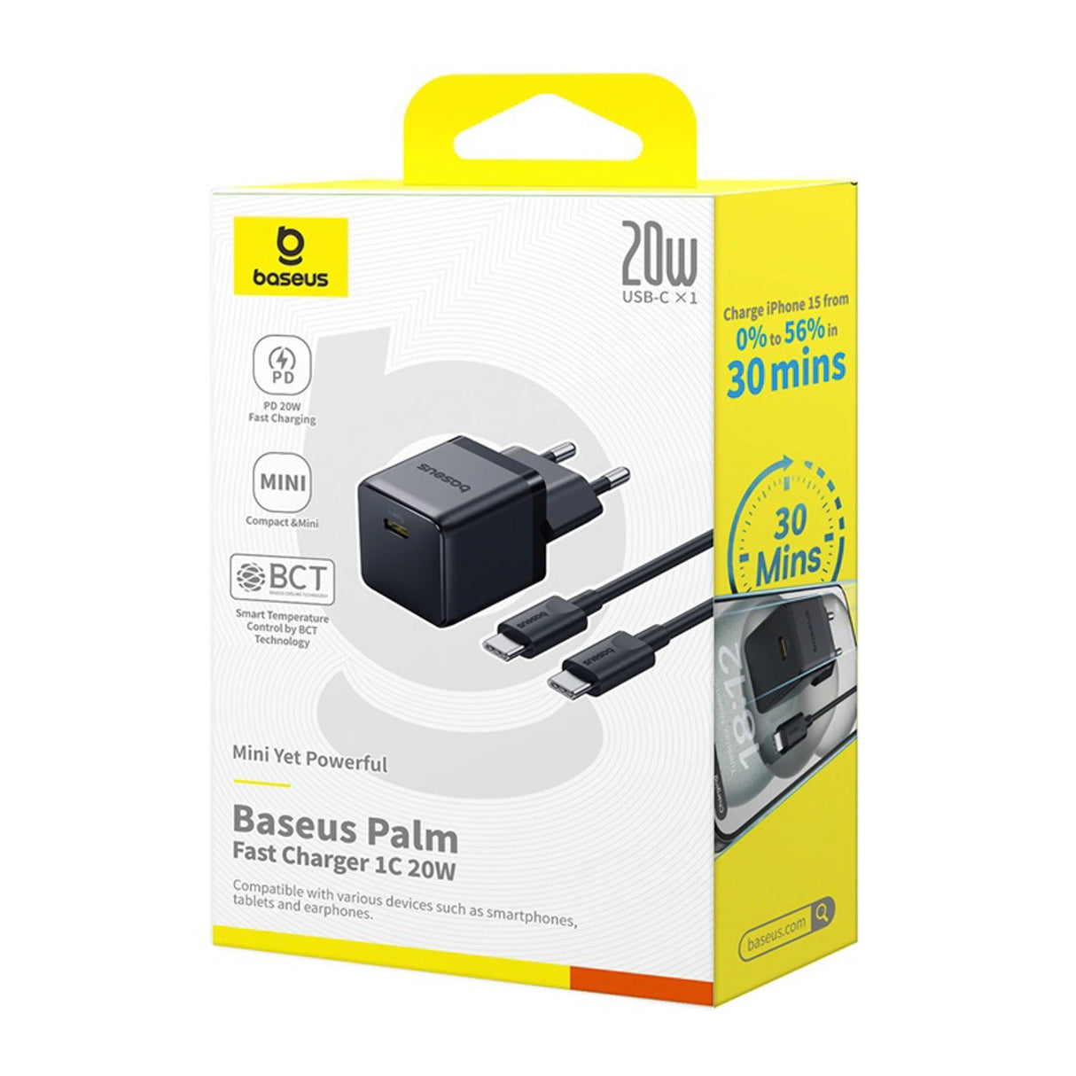 Baseus Palm 1C 20W Wall Charger (med Baseus Mini White USB-C 60W (20V / 3A) 1m Kabel) - sort