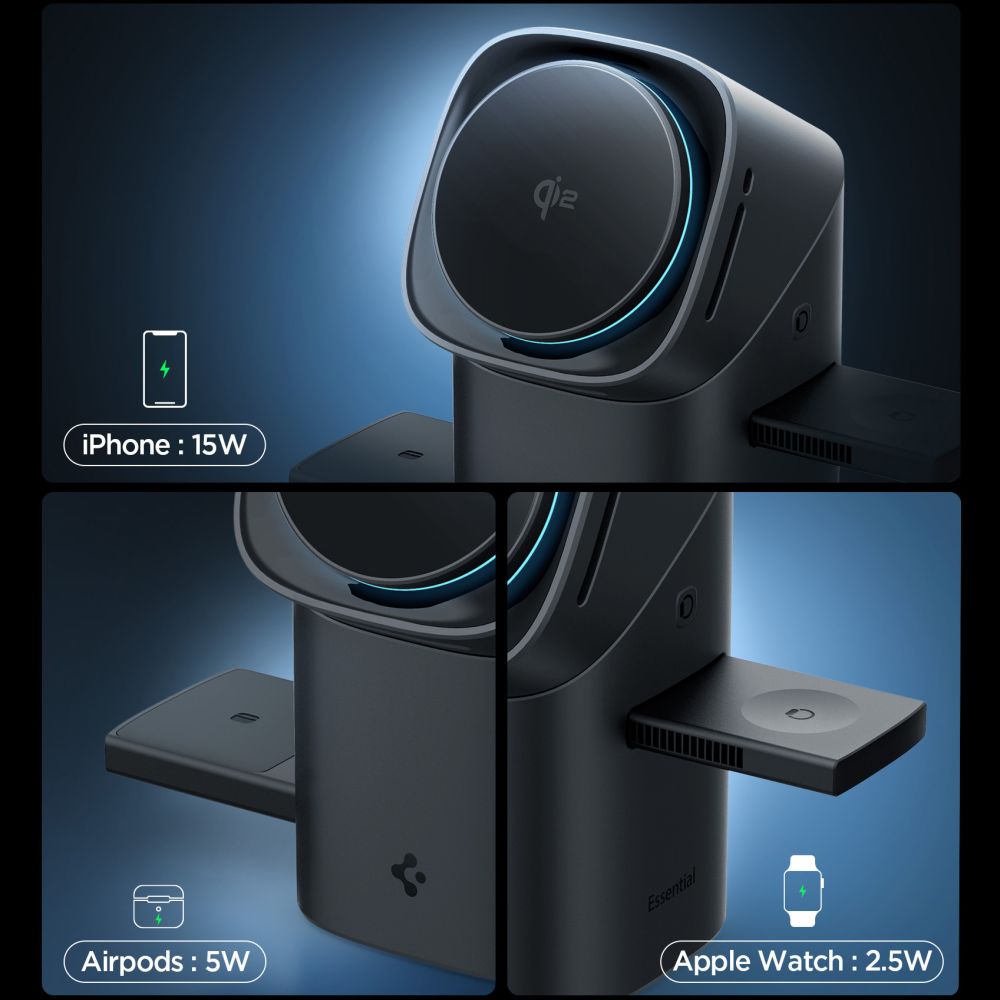 Spigen Essential EF223MS 3-in-1 QI2 Wireless Charger - Black