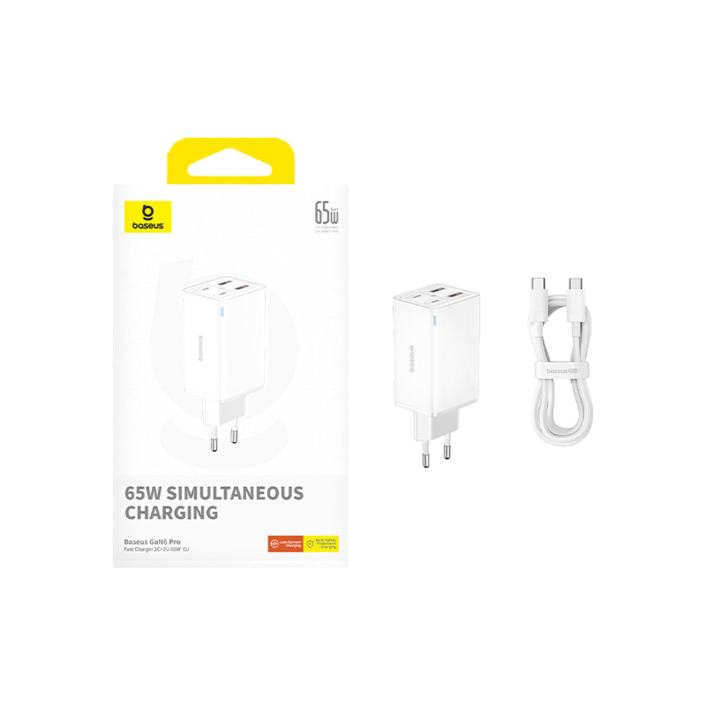 Baseus GaN6 Pro oplader 65W 2 x USB-C 2 x USB-A med sort USB-C kabel 100W 1m - hvid