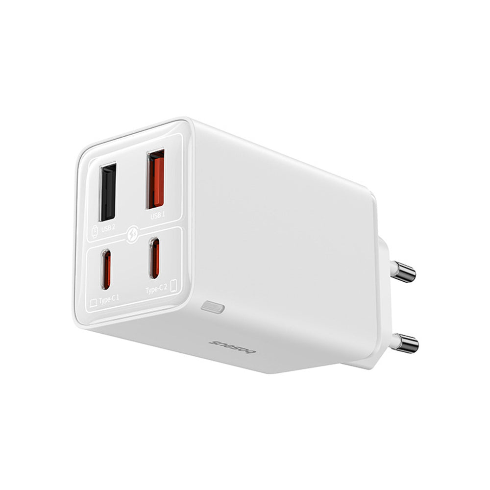Baseus GaN6 Pro oplader 65W 2 x USB-C 2 x USB-A med sort USB-C kabel 100W 1m - hvid