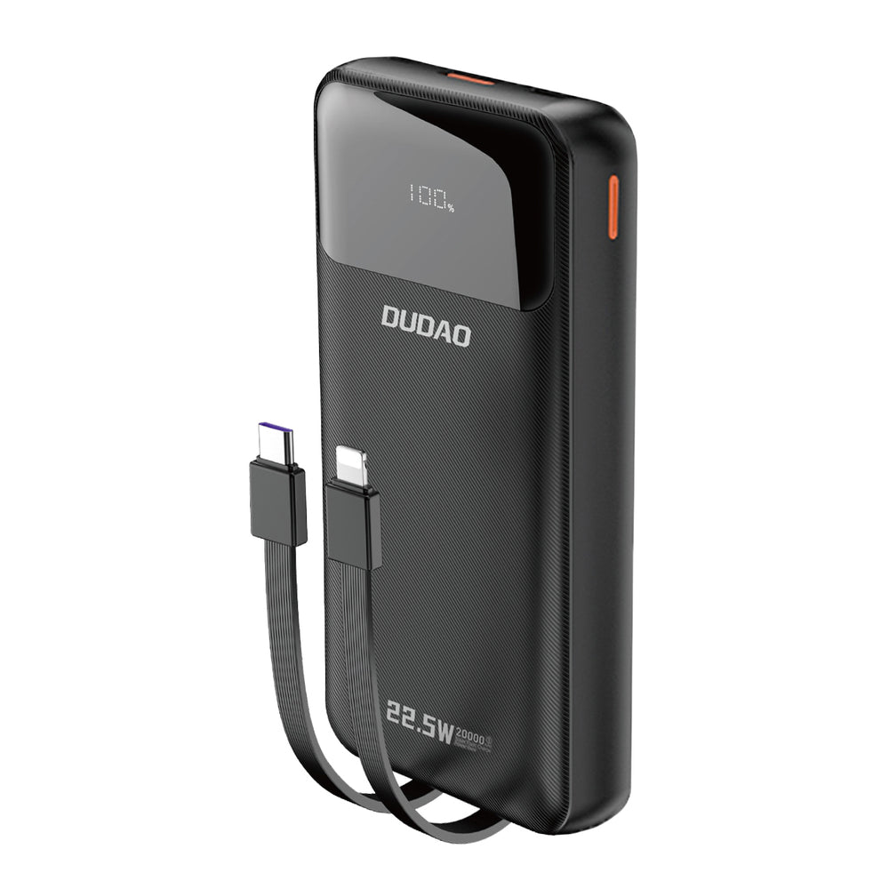 Dudao K15Pro Power Bank 20000mAh 22.5W PD USB-C / USB-A / Indbygget Lightning og USB-C Kabler - sort