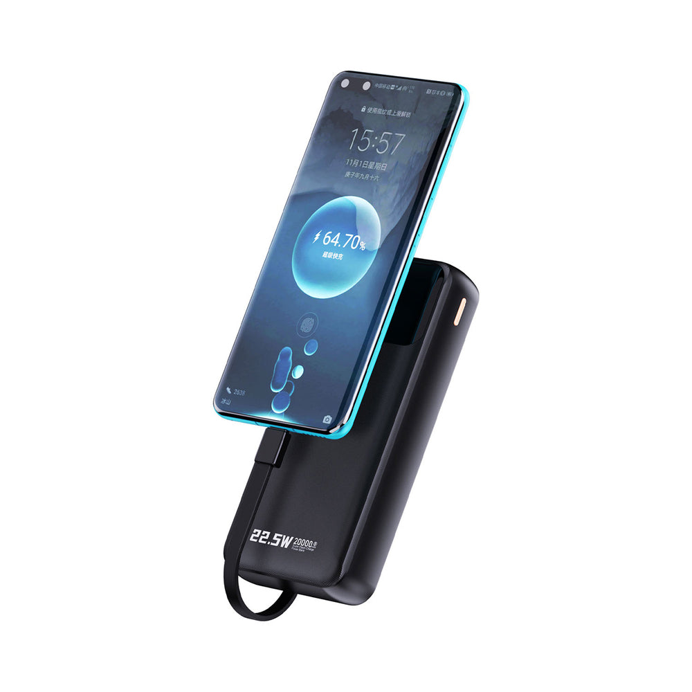 Dudao K15Pro Power Bank 20000mAh 22.5W PD USB-C / USB-A / Indbygget Lightning og USB-C Kabler - sort