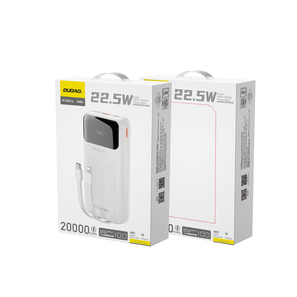 Dudao K15Pro Power Bank 20000mAh 22.5W PD USB-C / USB-A / Indbygget Lightning og USB-C Kabler - Hvid