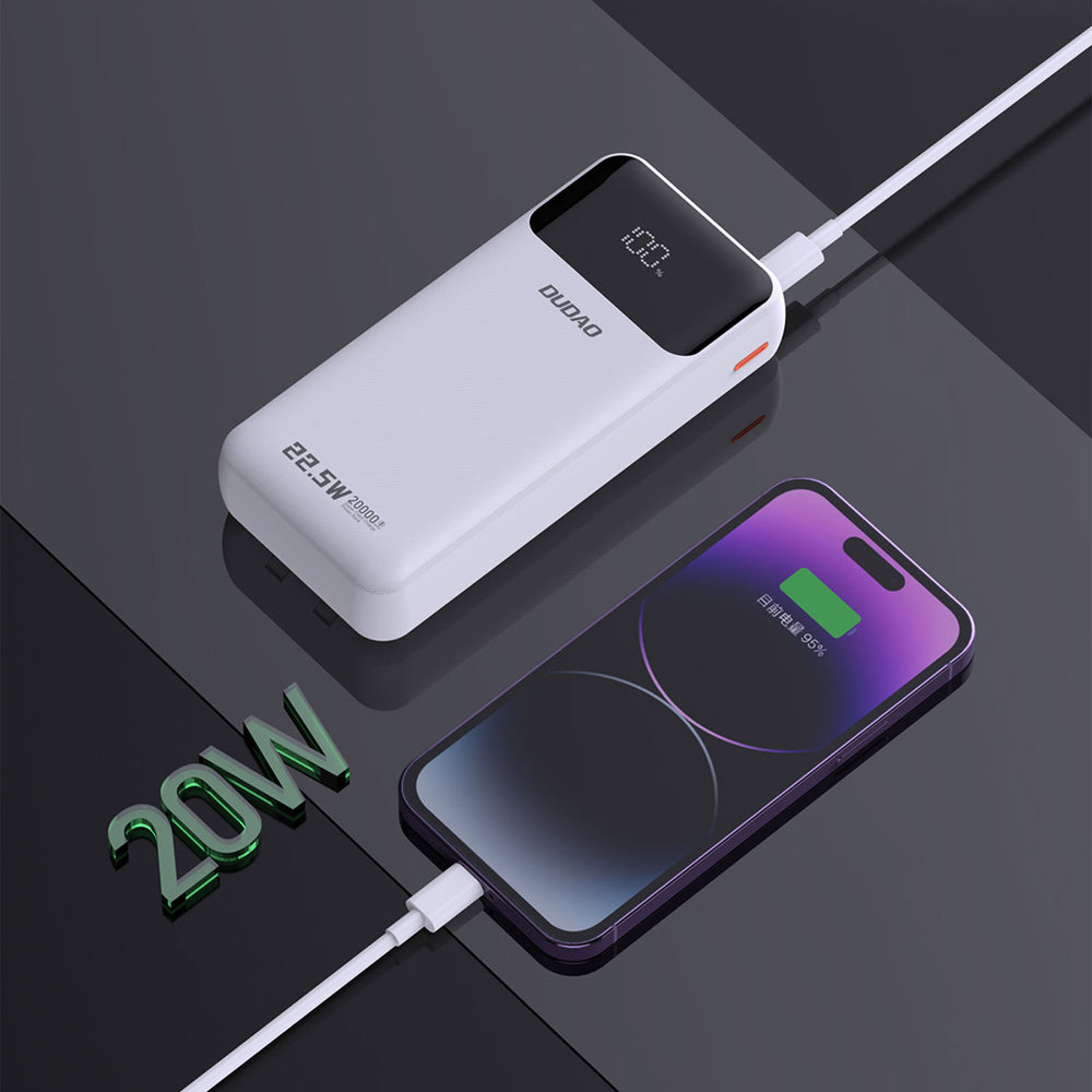 Dudao K15Pro Power Bank 20000mAh 22.5W PD USB-C / USB-A / Indbygget Lightning og USB-C Kabler - Hvid