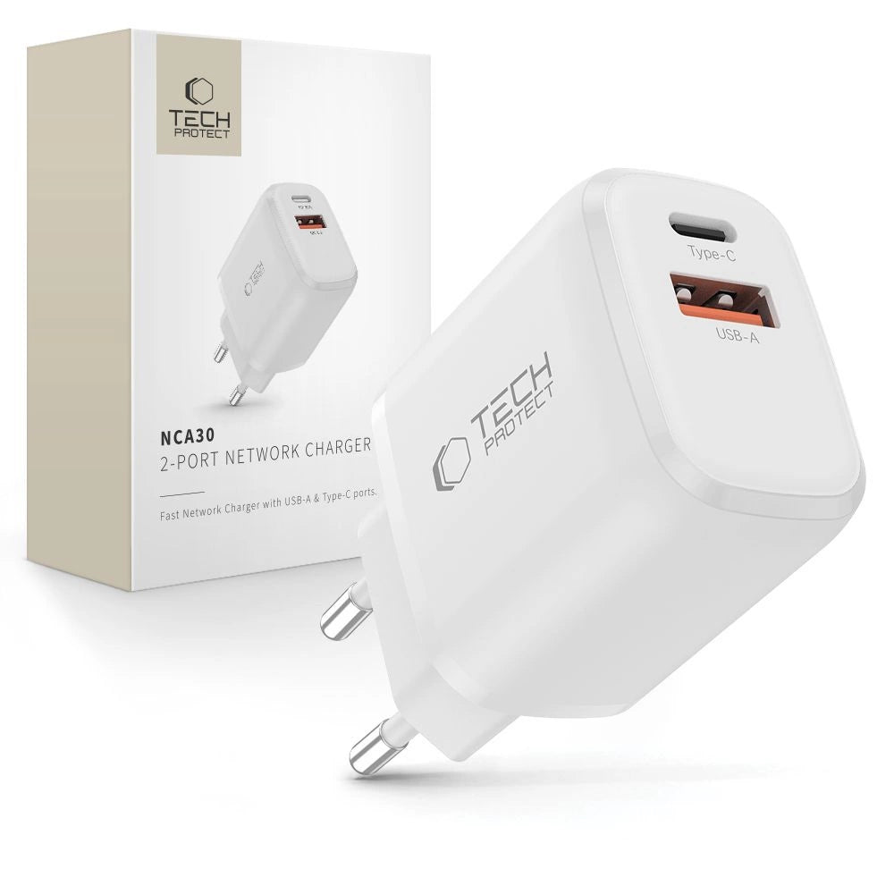 Tech-Protect NCA30 PD 30W QC3.0 USB-A / USB-C Wall Charger - hvid