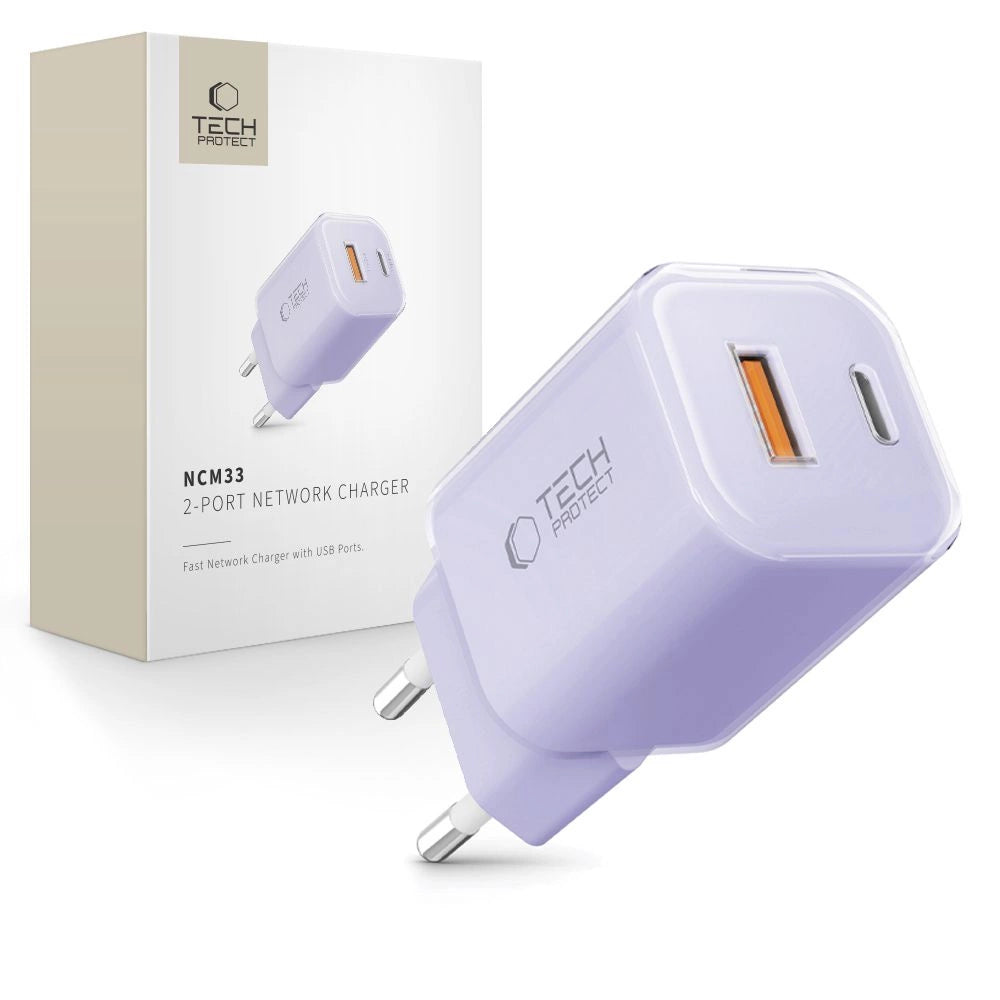 Tech-Protect NCM33 PD 33W QC3.0 USB-C / USB-C vægoplader - lilla
