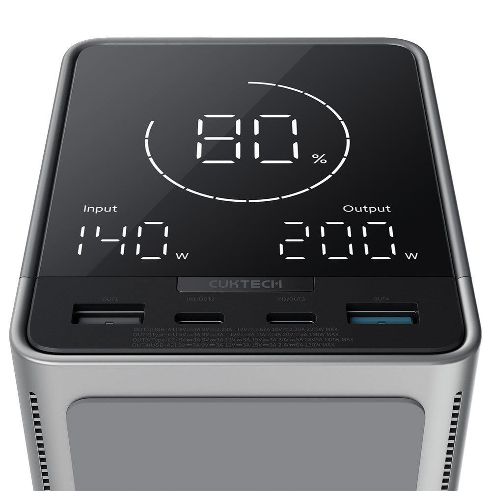 Cuktech Powerbank 300W 40000mAh med trådløs opladning 2x USB-C + 2x USB-A - sort