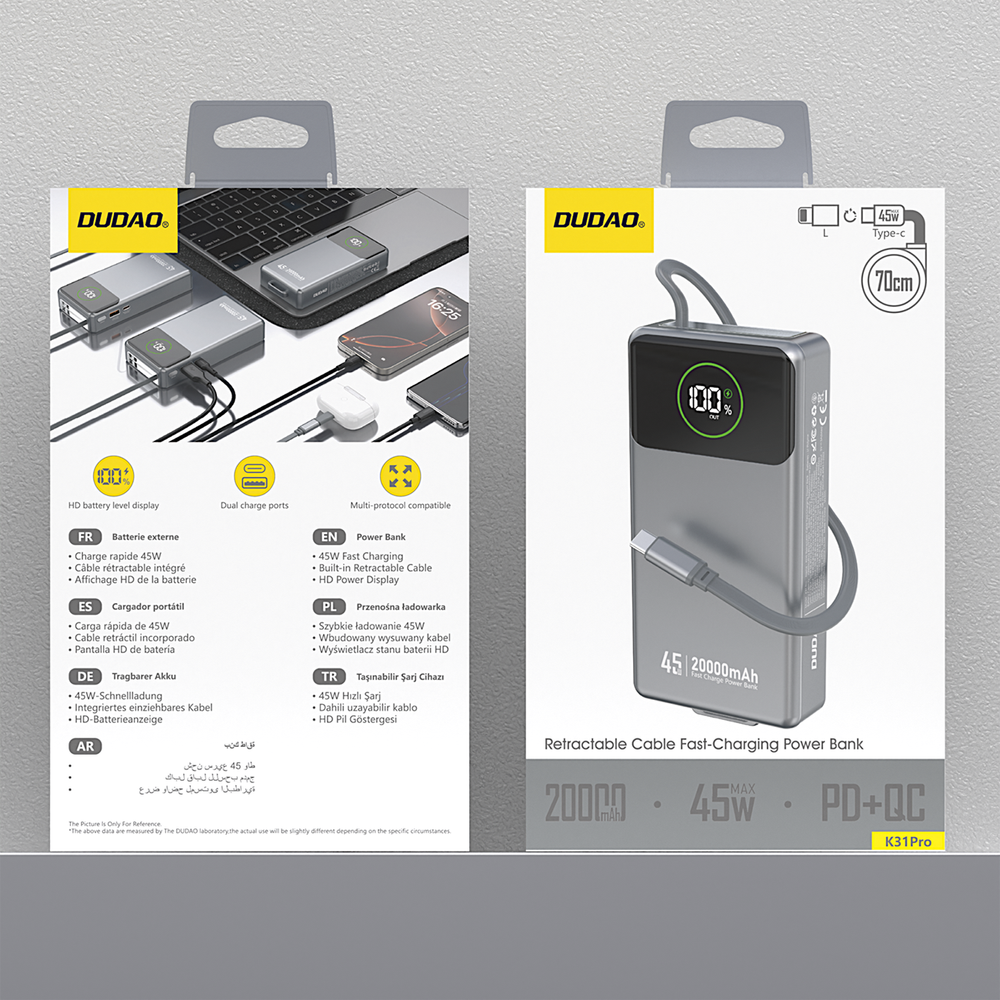 Dudao K31 Pro 45W 20000mAh Power Bank med indbygget indtrækbart USB-C-kabel - Grå