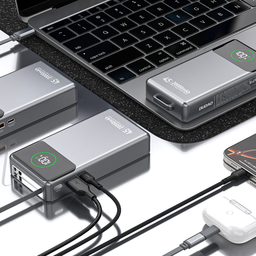 Dudao K31 Pro 45W 20000mAh Power Bank med indbygget indtrækbart USB-C-kabel - Grå