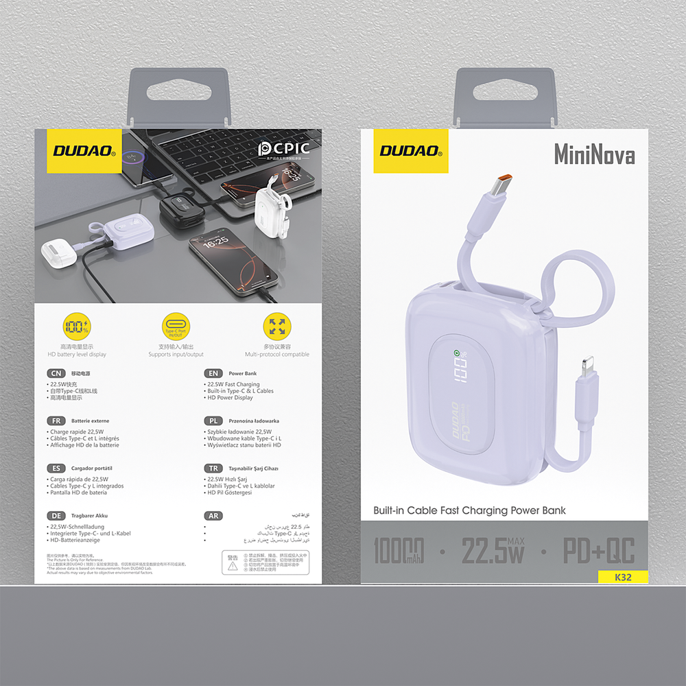 Dudao K32 22.5W 10000 mAh Powerbank med indbygget USB-C / Lightning Cable - Purple