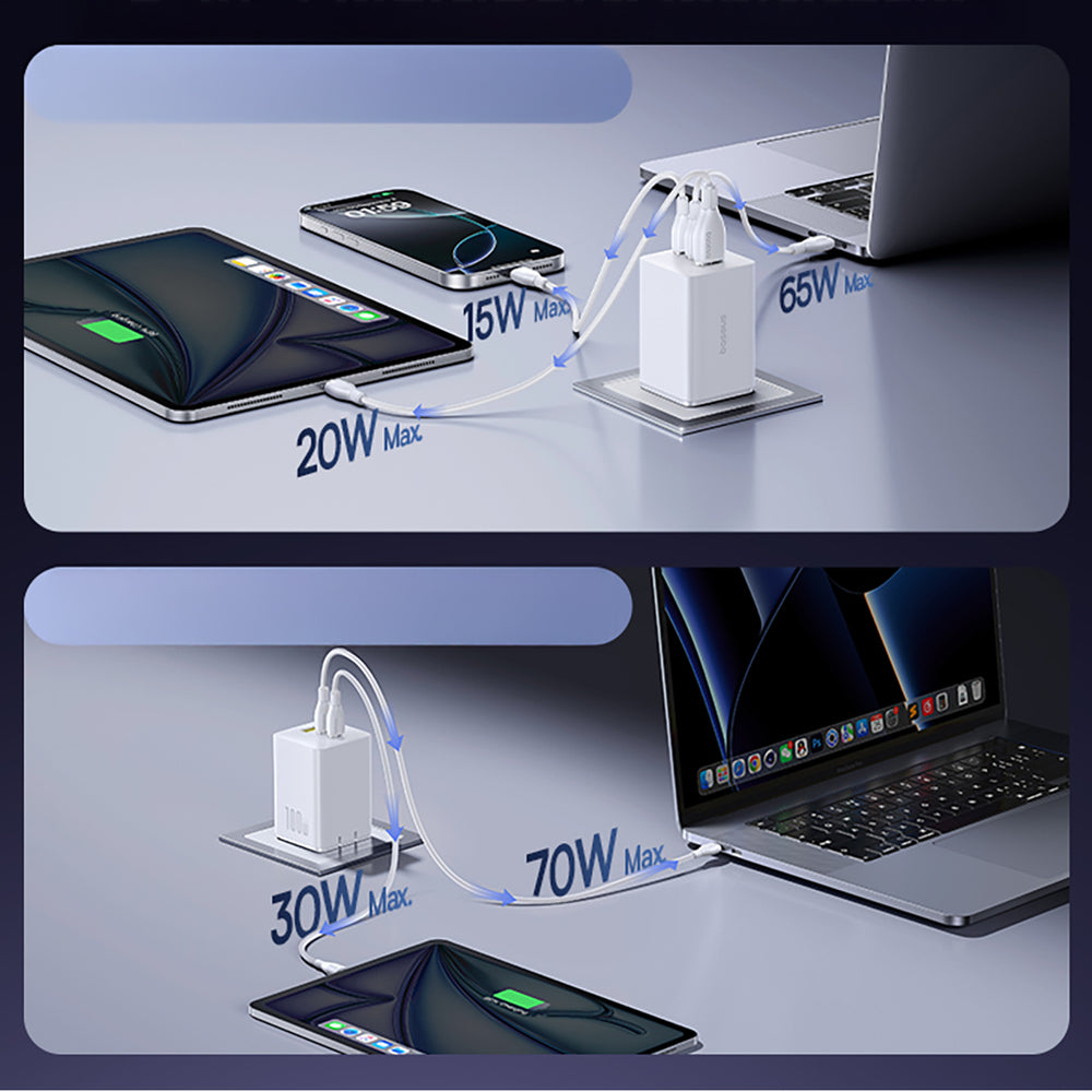 Baseus EnerFill FE11 2 x USB-C / USB-A 100W vægoplader - hvid