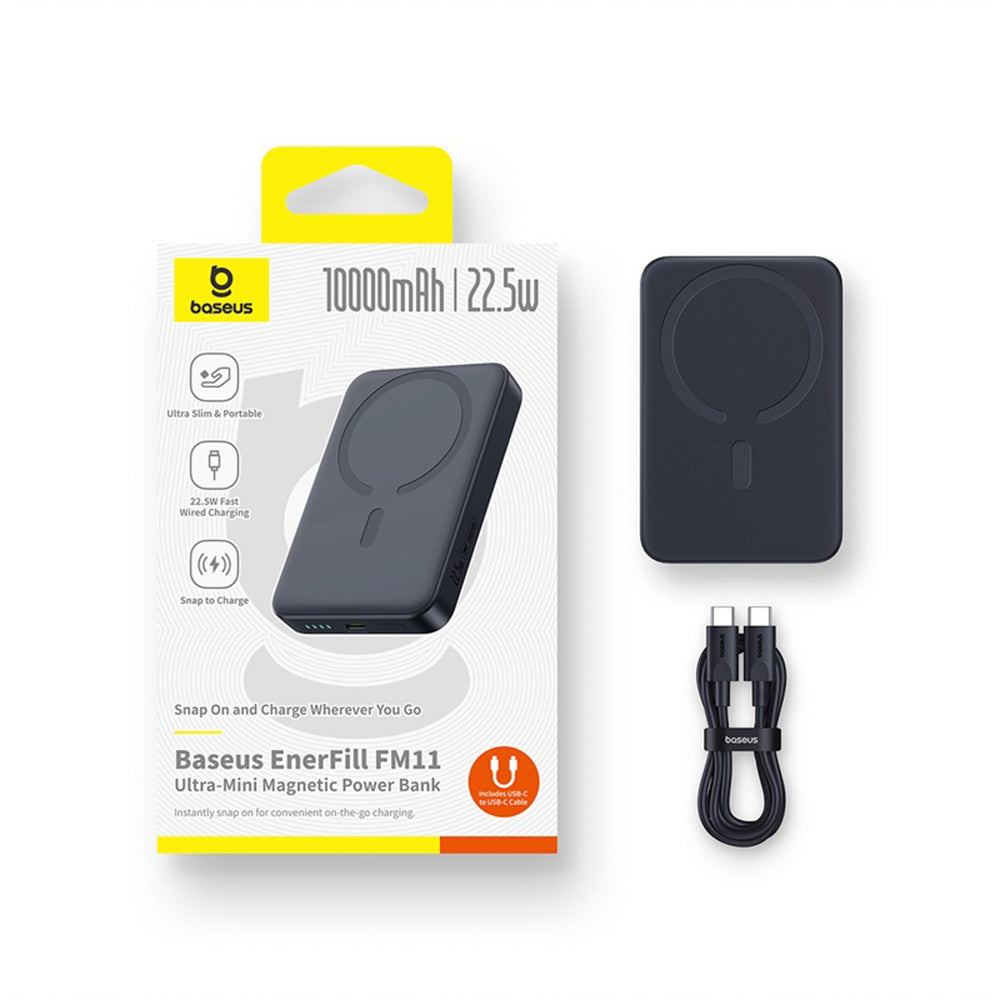 Baseus EnerFill FM11 Ultra-Mini 10000mAh 22.5W MagSafe Compatible Power Bank with Baseus Simple USB-C 20V/3A 30cm Cable - Black