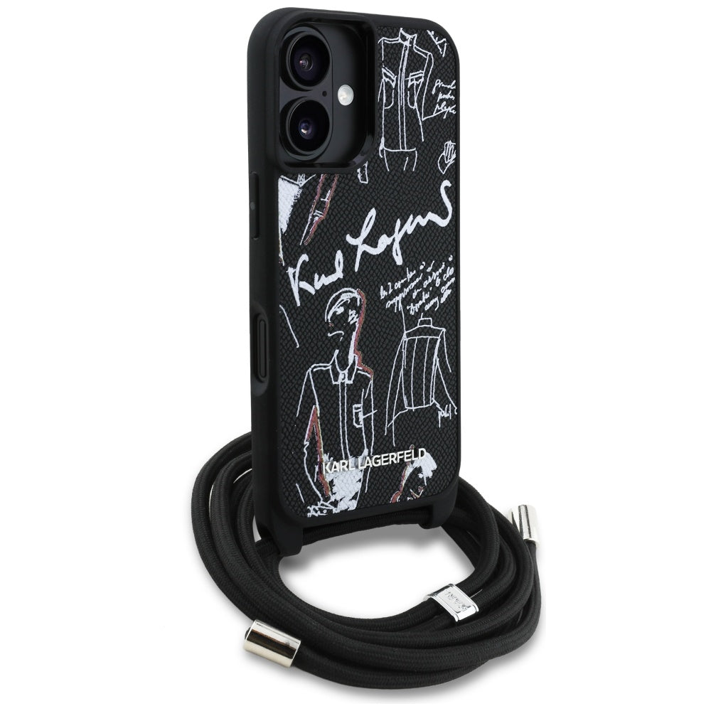 Karl Lagerfeld Crossbody Grained Pattern & Logo Case for iPhone 16 - Black
