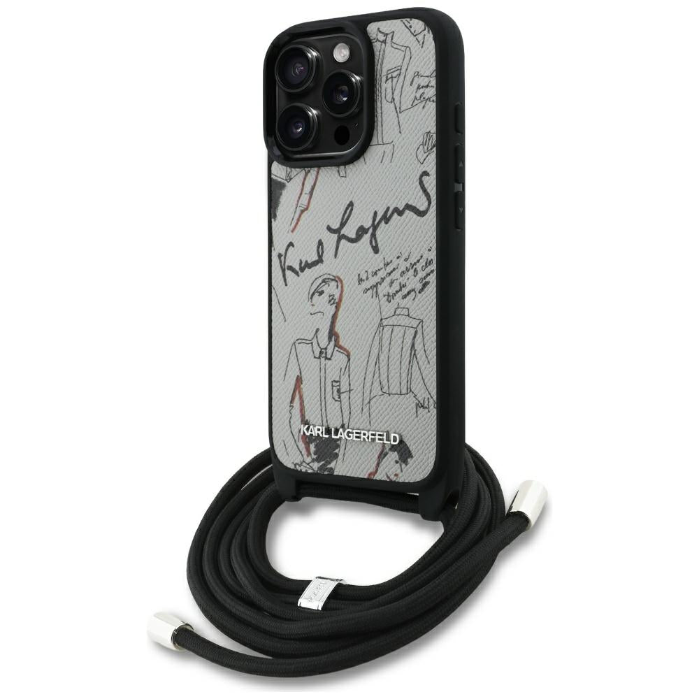 Karl Lagerfeld Crossbody Grained Pattern & Logo Case for iPhone 16 Pro Max - Gray