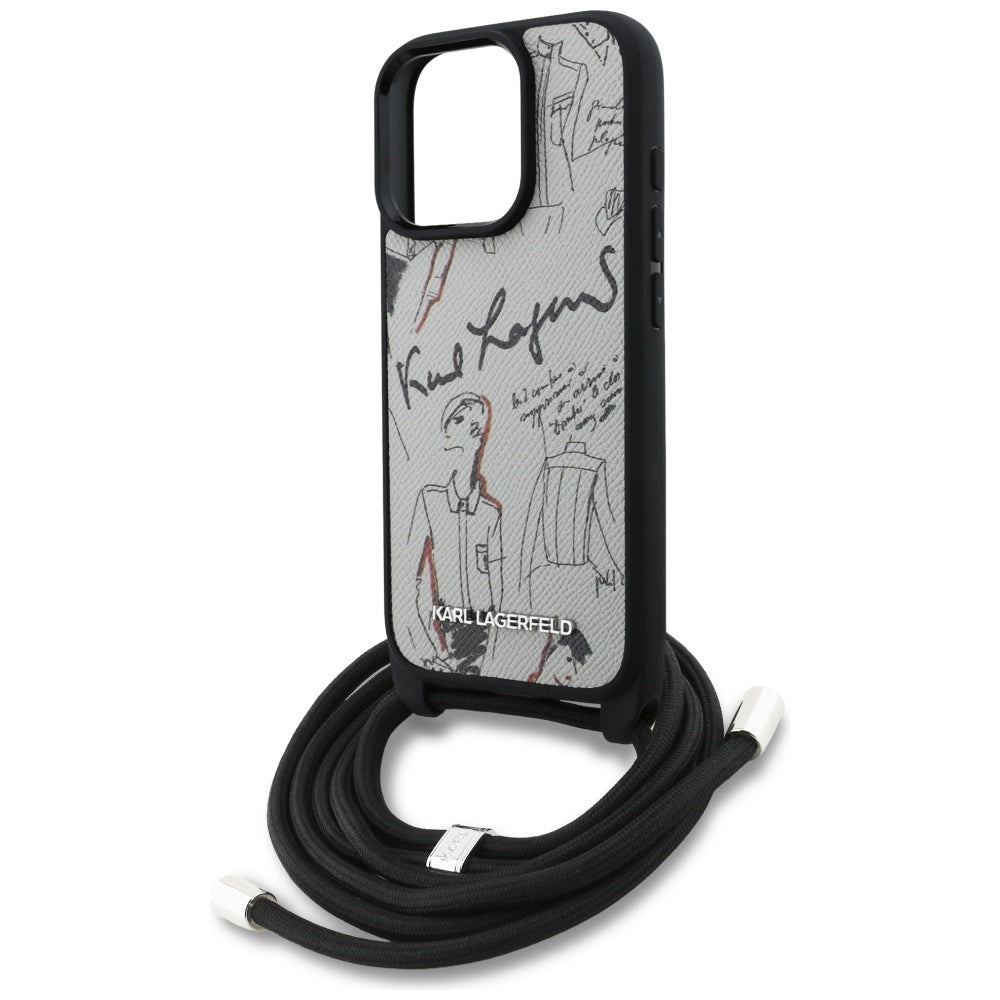Karl Lagerfeld Crossbody Grained Pattern & Logo Case for iPhone 16 Pro Max - Gray