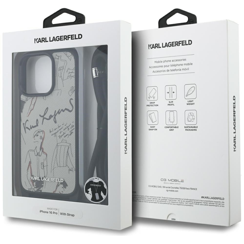 Karl Lagerfeld Crossbody Grained Pattern & Logo Case for iPhone 16 Pro - Gray