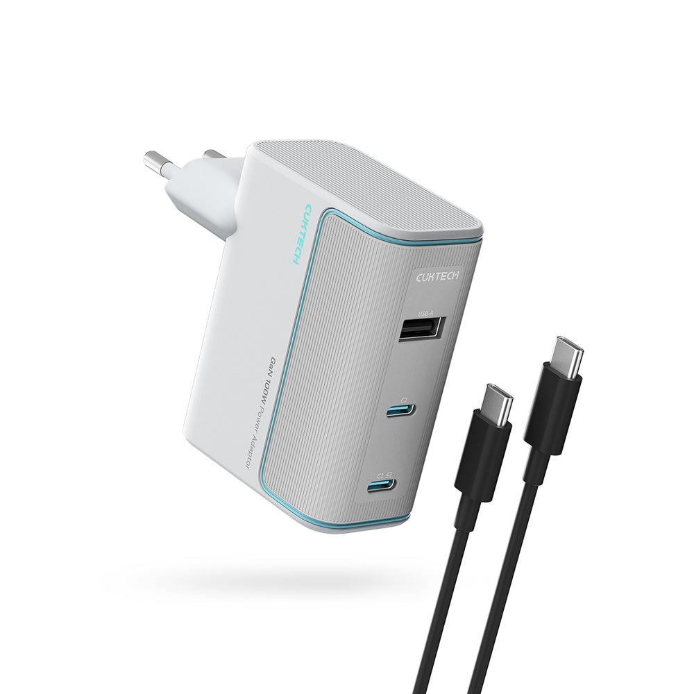 Cuktech AD1003EU 100W GaN 2x USB-C + USB-A Wall Charger med kabel - hvid