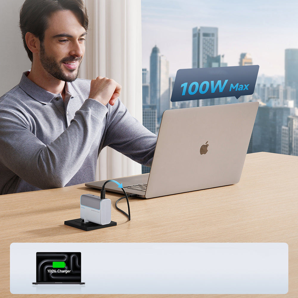 Cuktech AD1003EU 100W GaN 2x USB-C + USB-A Wall Charger med kabel - hvid
