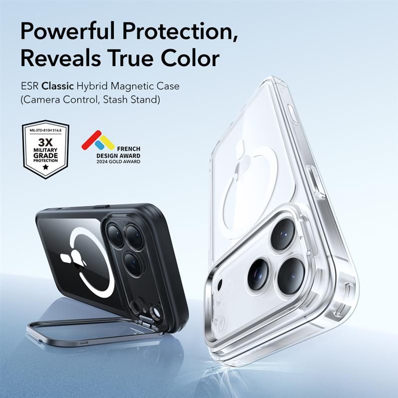 ESR Classic Hybrid Kickstand MagSafe Case til iPhone 17 Pro Max - klar sort