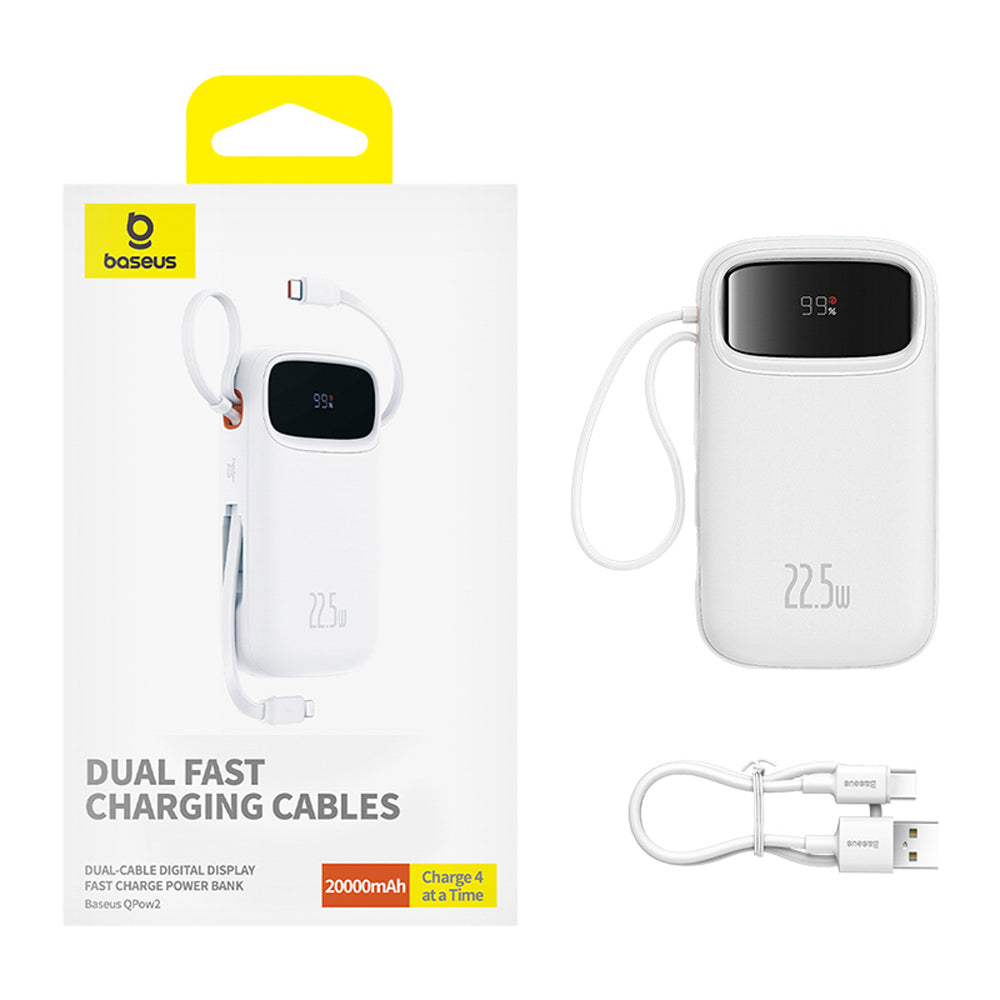 Baseus Qpow2 20000mAh 22.5W Powerbank med Dual Cable med Digital Display + Baseus Simple USB-C 3A Cable 0.3m (hvid) - hvid