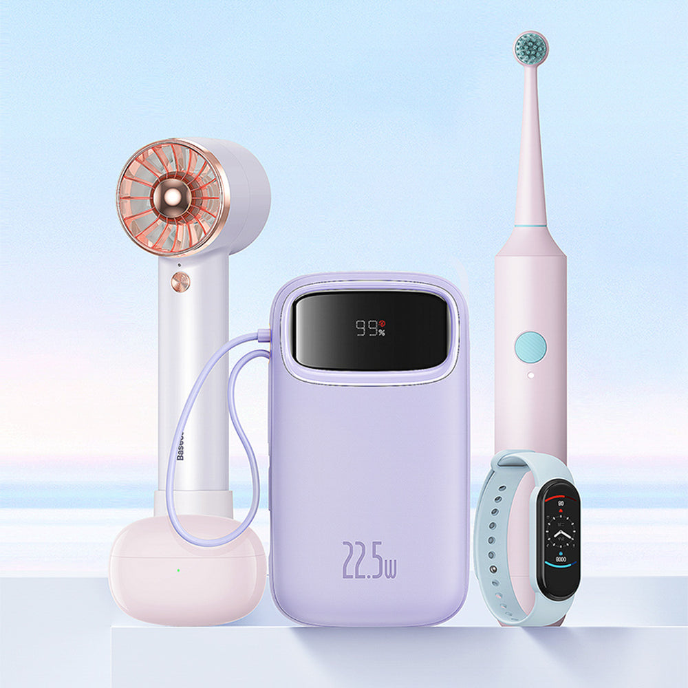 Baseus Qpow2 20000mAh 22.5W Powerbank med Dual Cable med Digital Display + Baseus Simple USB-C 3A Cable 0.3m (hvid) - Purple