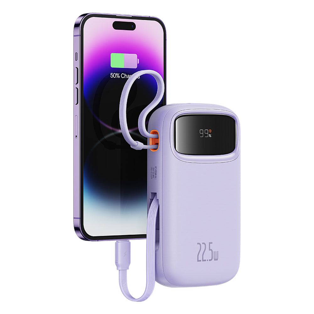 Baseus Qpow2 20000mAh 22.5W Powerbank med Dual Cable med Digital Display + Baseus Simple USB-C 3A Cable 0.3m (hvid) - Purple