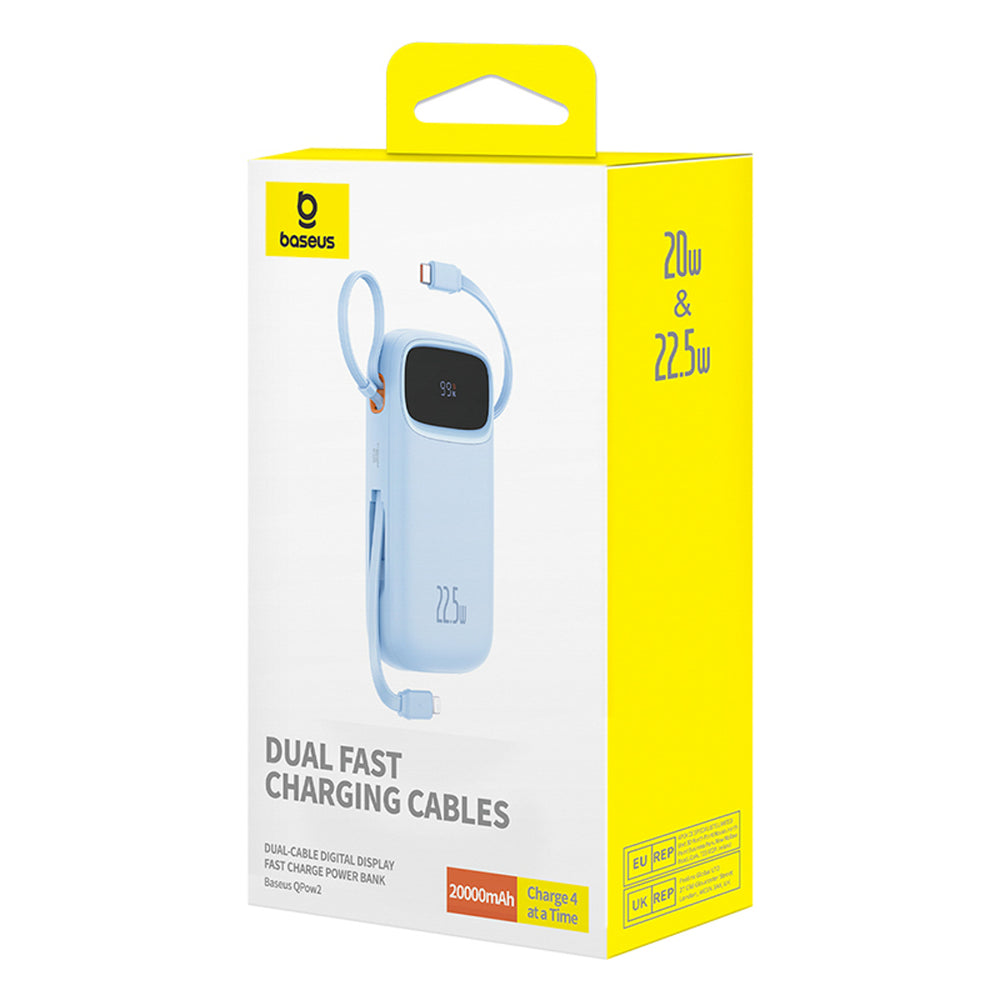 Baseus Qpow2 20000mAh 22.5W Powerbank med Dual Cable med Digital Display + Baseus Simple USB-C 3A Cable 0.3m (hvid) - Blå