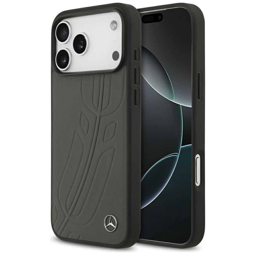 Mercedes Leather Large Laurel Leave MagSafe Case for iPhone 17 Pro Max - Black and Gray