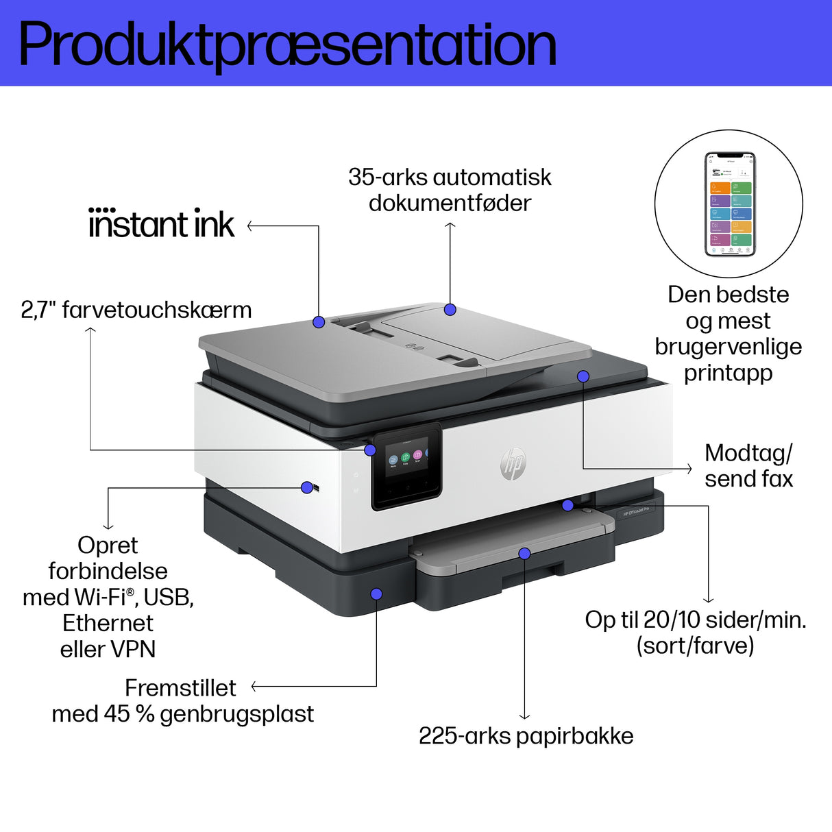 HP OfficeJet Pro 8124e Trådløst All-in-One Farve Printer, Instant Ink; 2-sidet printning