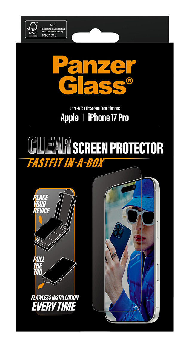 PanzerGlass ® Skærmbeskyttelse iPhone 17 Pro | Ultra-Wide Fit m. Fastfit in-a-box