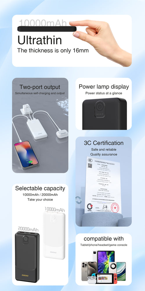 Powerbank Dudao K10 10000mAh 2.4A 2 x USB-A - hvid