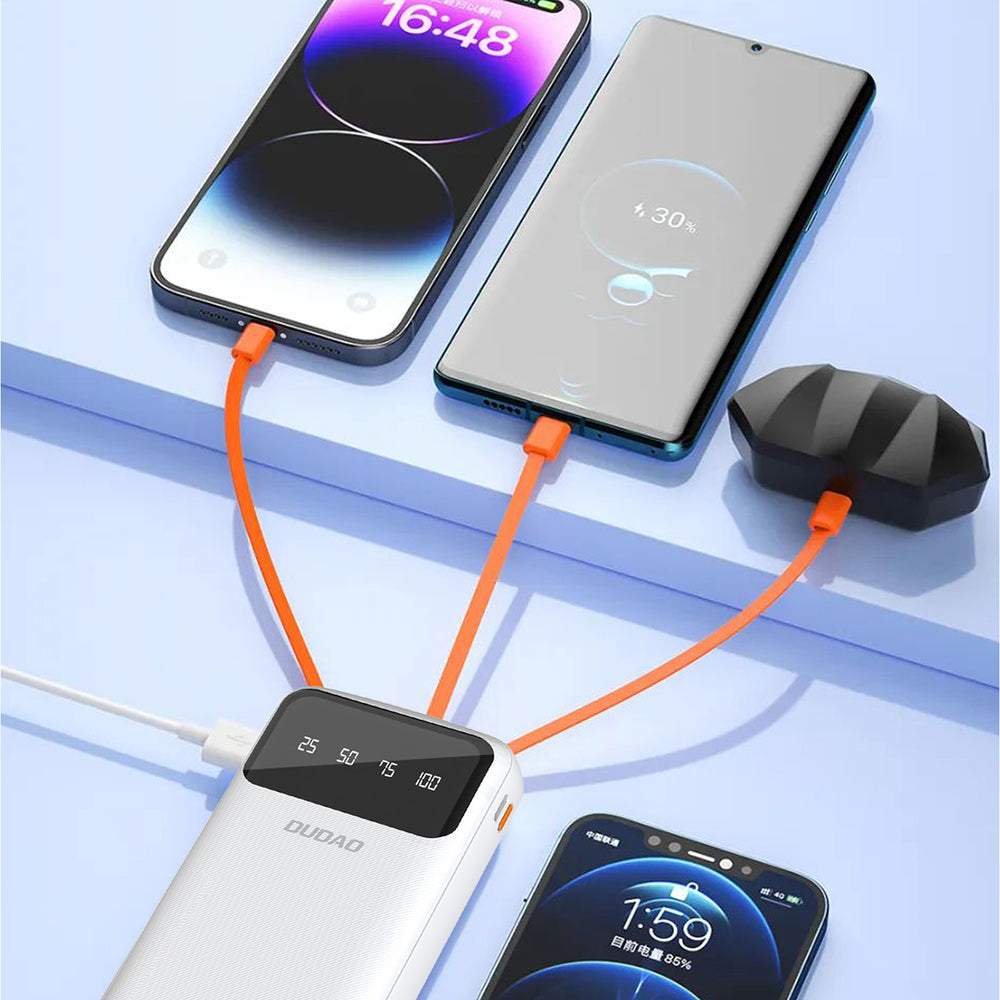Dudao stor kapacitet powerbank med 4 indbyggede kabler 20000mAh USB Type C + micro USB + Lightning + USB-A (indgang) - hvid (Dudao K6Pro +)