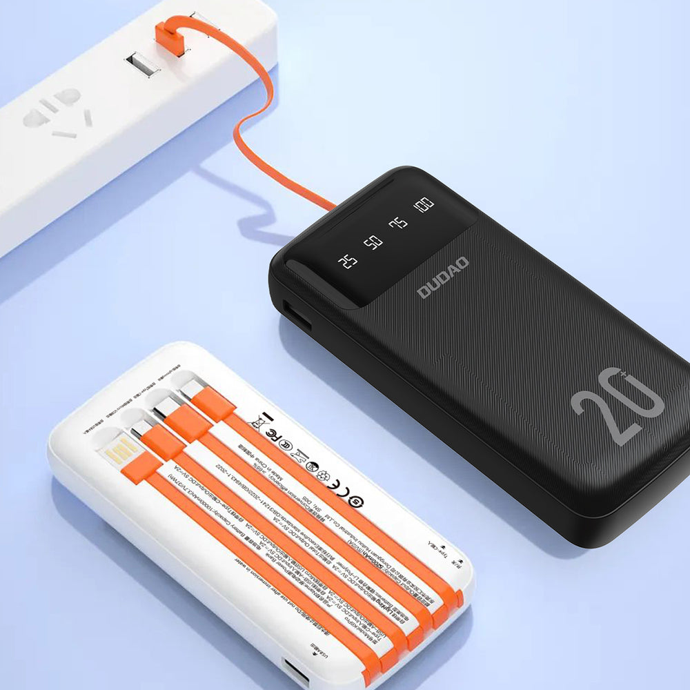 Dudao stor kapacitet powerbank med 4 indbyggede kabler 20000mAh USB Type C + micro USB + Lightning + USB-A (indgang) - hvid (Dudao K6Pro +)