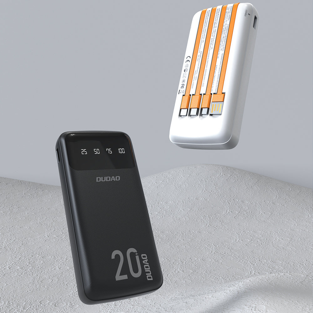 Dudao stor kapacitet powerbank med 4 indbyggede kabler 20000mAh USB Type C + micro USB + Lightning + USB-A (indgang) - hvid (Dudao K6Pro +)