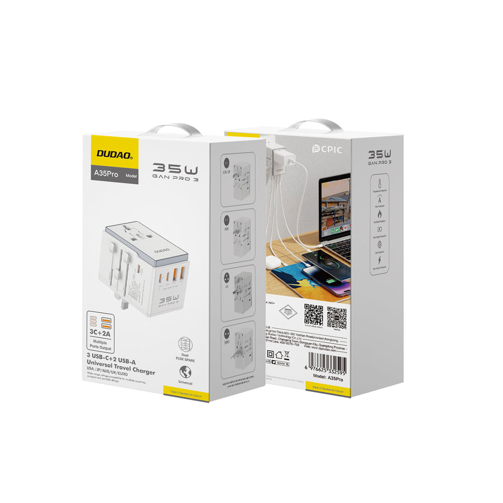 Dudao A35Pro 35W EU / UK / AUS / US / JP rejseadapter 3x USB-C 2x USB-A - hvid