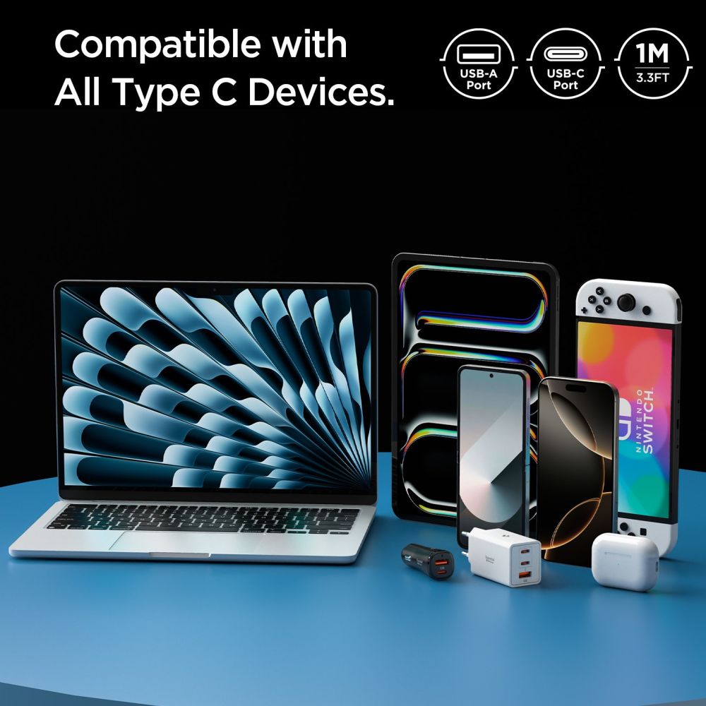 Spigen EB6010AC USB-A / USB-C 60W-kabel 100 cm - hvid